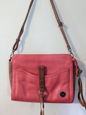 The Sak Coral & Brown Leather Crossbody Purse Handbag